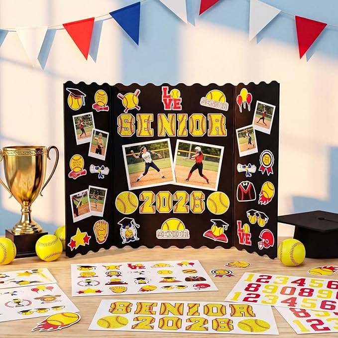 Resurhang 4 Set 24''x16'' Softball Senior Night Gifts Senior 2026 Trifold Poster Board Photo Display Board with 12 Sheet Sports Themed Stickers for Graduation Picture Frame Sport Theme Party Supplies