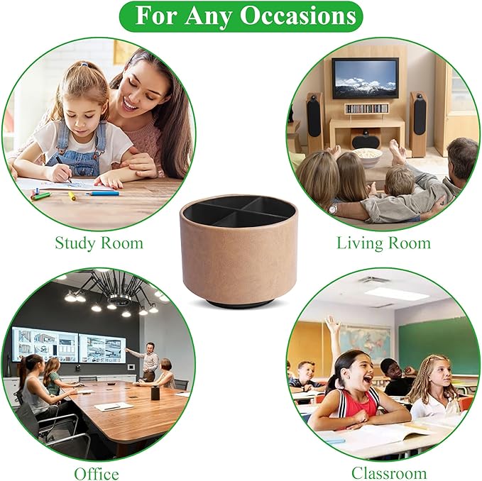 Round Leather Art Supply Organizer,Remote Control Holder,360 Degree Spinning,Multi-Functional Pencil Holder,4 Compartments Desktop Stationary Organizer(1-Oil Yellow)