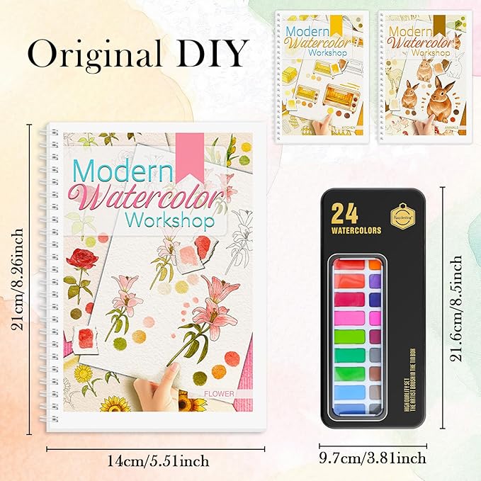 3Pcs Watercolor Workbook Paint Book Beginner Friendly Painting Kit, 36 Pages Workbooks with 24 Paint Colors & Brush for Beginners, Stress-Relieving Gift for Women Adults (Kitchen&Animals&Flower)