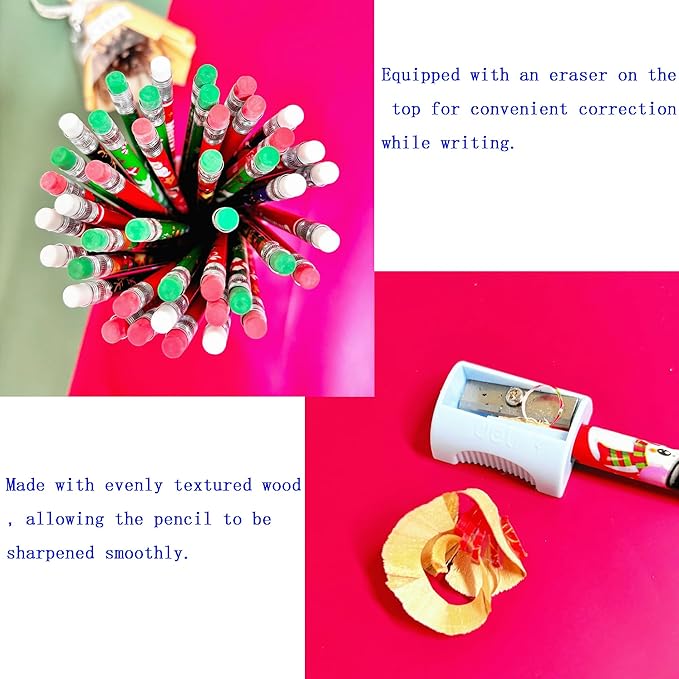 72PCS Wooden cased Christmas Pencils for Kids with Erasers, Wood Pencils for School,Drawing,Gift (72PCS) (Christmas, 72)