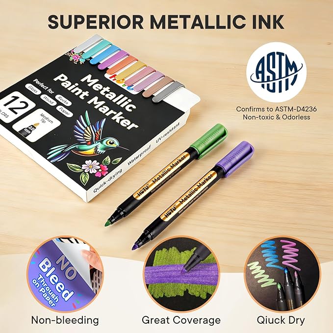HOTU Metallic Marker Pens, 12 Metallic Paint Markers 2MM Medium Point for Black Paper,Rock Painting, Glass,Scrapbooking Crafts, DIY Photo Album, Eggs Decorating, Card Making,DIY Fabric, Model WP8130a