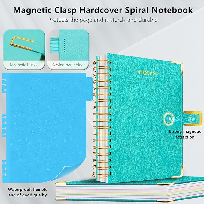 Hardcover Spiral Notebook College Ruled, 6.2"x 8.2" Leather Journal Notebook with Magnetic Closure, 300 Pages 5 Subject Notebook with Dividers Tabs Journal for Women Men, Work, School(Blue)