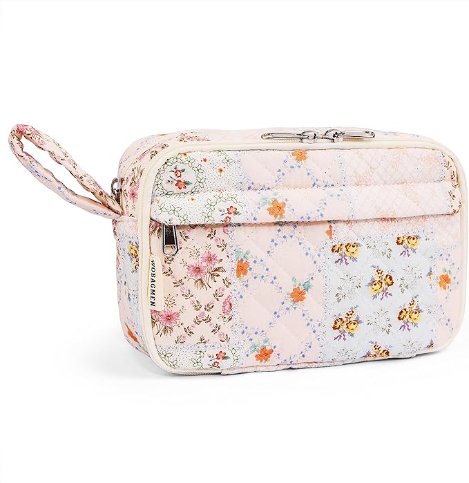 WOBAGMEN Quilted Pencil Pouch for Girls Women, Large Pencil Case Pouch with Compartments Cute Aesthetic Pencil Case Organizer, Floral Pencil Bag for School Supplies (coloful blue)