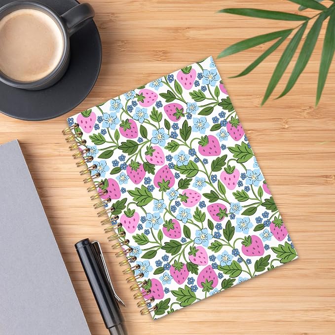 UTELKA Pink Strawberry Spiral Notebook Strawberry Journal Notebook 5.5x8.3, Rustic Blue Flroal Cottagecore Cute Notebook Journal for Office Work Books for Student Strawberries School Supplies