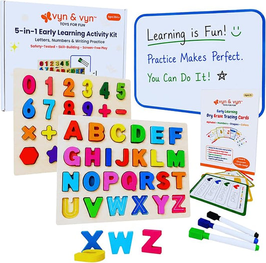 5-in-1 Wooden Puzzles for Toddlers 3-5 | Montessori Alphabet Number Shape Learning Toys | Magnetic Whiteboard, Flashcards & Markers | Preschool Educational Activity Kit | VYN & VYN (Rainbow)