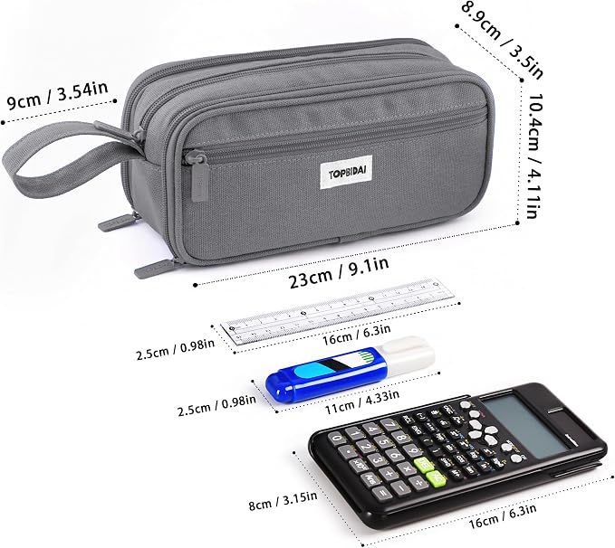 TOPBIDAI Large Pencil Case Pouch for Girls Boy Women Men Adults | Big Capacity Canvas Pencil Bag, Office School Supplies, Multi Compartment Zipper Stationery Pen Box(Stone Grey)