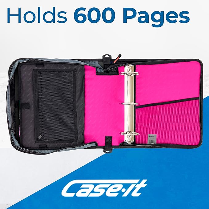 Case-it Mighty Zip Tab School Zipper Binder | 3-Inch O-Rings, 600-Sheet Capacity, 5-Subject Expanding File Folder, Multiple Pockets & Storage Organizer, Shoulder Strap | D-146 Magenta
