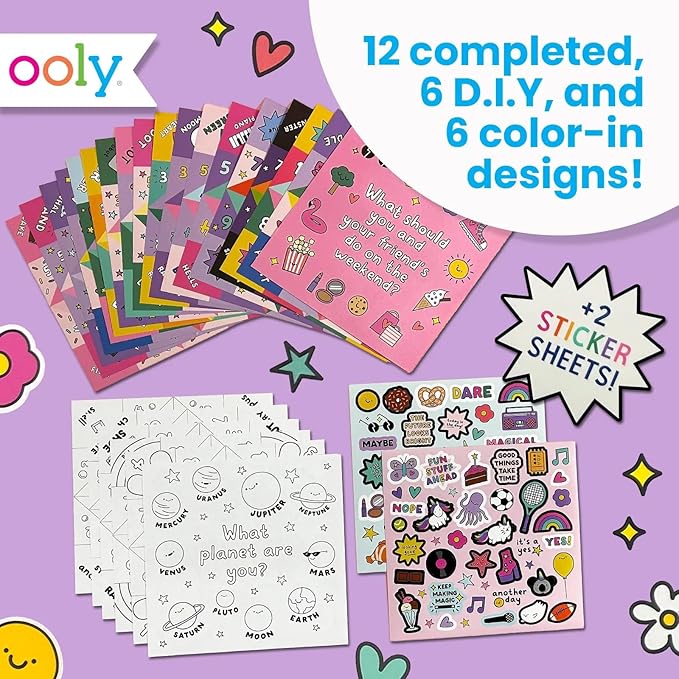 Ooly DIY Paper Kit, 24 Fortune Teller Designs & Stickers, Kit Includes 12 Completed, 6 Blank and 6 Color-in Folding Fortune Teller, Activity Gifts for Kids