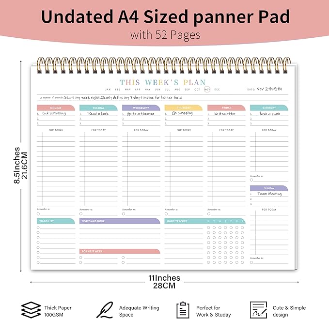 Weekly To Do List Notepad from Monday to Sunday Planning for 1 year, 8.5" x 11" Daily Planner for ADHD, Adults & Teens, Desk Schedule Journal with Habit Tracker for Work, Home, School, and Daily Chores