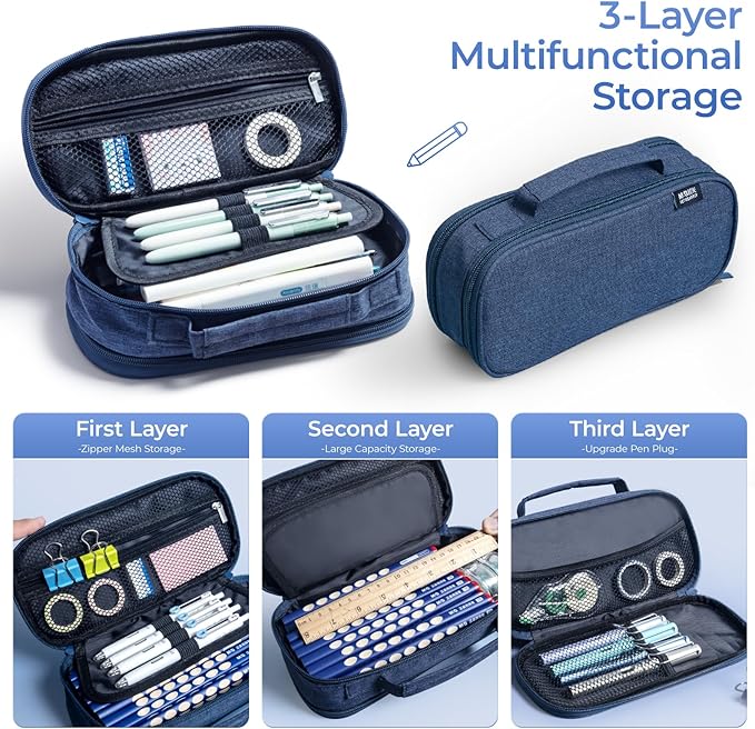 M&G Big Capacity Pencil Case, Large Capacity Pencil Pouch Multi-Slot Pencil Case Organizer, Portable Big Pencil Bags with Zipper for Makeup Brush Teen Boys Girls Office (Blue)