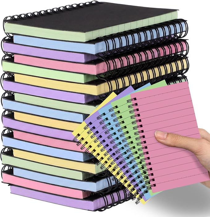 Jutom 10 Pcs Small Spiral Notebook Memo Pad 3x5, Black Cover 5 Color Page