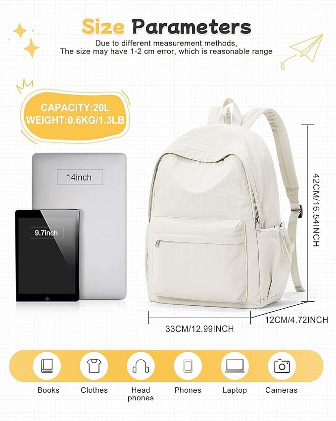 BJLFS White Backpack for School Women Girls, Waterproof Bookbag Cute High School Back pack for Men Teen Boys, Lightweight Travel College Backpack Mochilas Escolares para Casual Daypack Rucksack