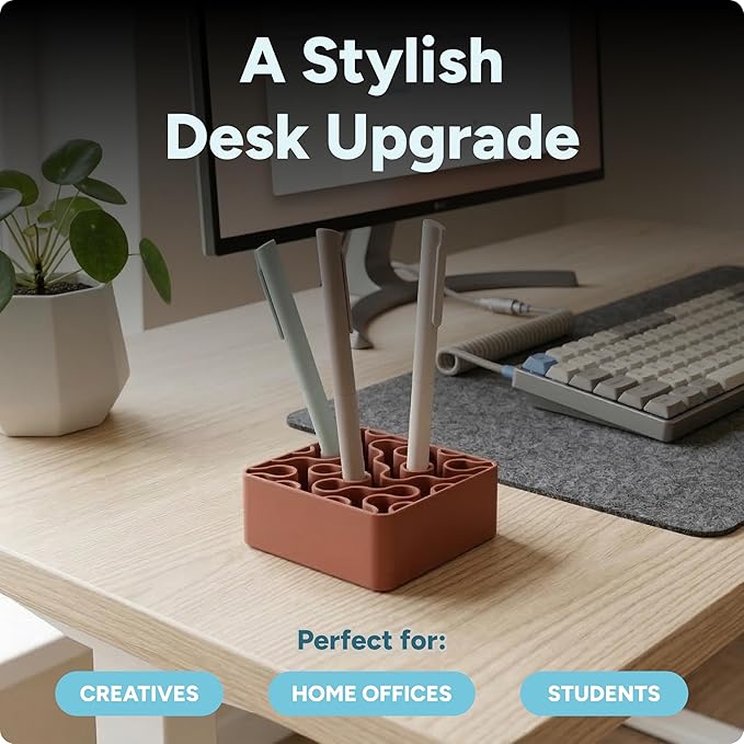 Modern Desk Pen & Pencil Holder Organizer | Unique Squiggle Design, Matte Finish, Non-Slip Rubber Feet | Stylish Office Desk Accessory & Storage for Home, Work, Classroom (Matte Terracotta)
