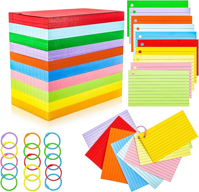 600Pcs Colored Index Cards 3x5 Inch Flash Cards with Rings Lined Note Card Flashcards, Colorful Ruled Card Pad Index Note Books 3 x 5 Notecards for Studying School Supply College Office