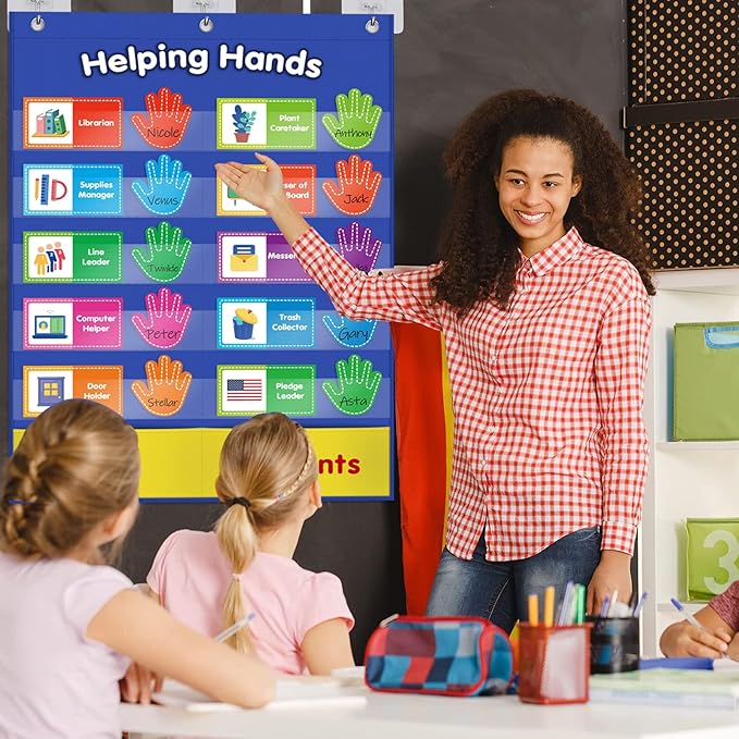 ABCxGOOD Helping Hands Pocket Chart,Classroom Jobs and Management Pocket Chart, Preschool Classroom Must Haves Supplies, Great for Classroom Homeschool. (Blue, 29"*20.5")