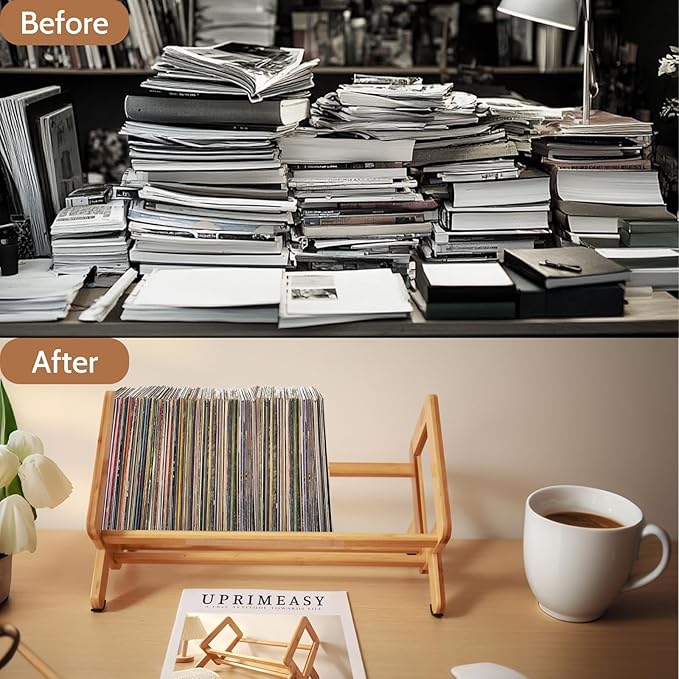 Desktop Bookshelf Organizer, Small Desk Book Shelf, Bamboo Book Rack Tilting Bookcase for Books/Magazine/CDs/Files Dispaly, Tabletop Bookshelf Storage Rack in Living Room/Office/Home