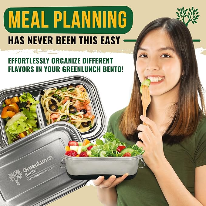 GreenLunch 2-Piece Stainless Steel Bento Box for Adults & Teens | Large 6-Cup BPA-Free Lunch Box with Removable Compartments & Snap Locks | Office, Meal Prep & Travel - Brown/Beige