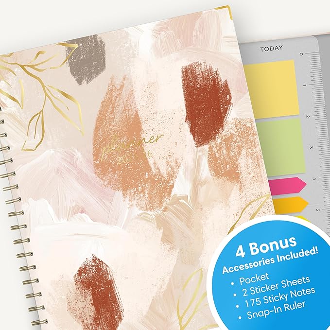 Blue Sky 15 Month Weekly and Monthly Academic Year Planner Calendar, April - June, Hard Cover, Wirebound, Laminated Tabs, Storage Pocket, Includes Snap-in Ruler w/Sticky Notes & Sticker Sheet, Henri (Henri- 2025/2026, 8.5" x 11")