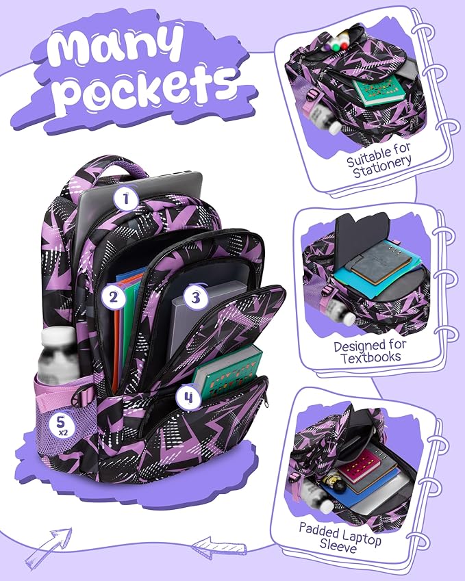 BLUEFAIRY Kids School Backpack for Boys Girls Ages 6-8 8-10 10-12 Elementary Middle School Book Bags with Laptop Compartment Mochilas Escolares para Niños Niñas de 8 10 12 Años (Purple, Geometric)