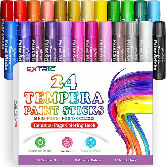 EXTRIC Tempera Paint Sticks for Kids – 24 Twist Crayons in  Vibrant Colors 12 Classic, 6 Metallic, 6 Neon | Mess Free, Quick Dry, Washable Solid Paint  kids + Bonus 50 Page Coloring Book