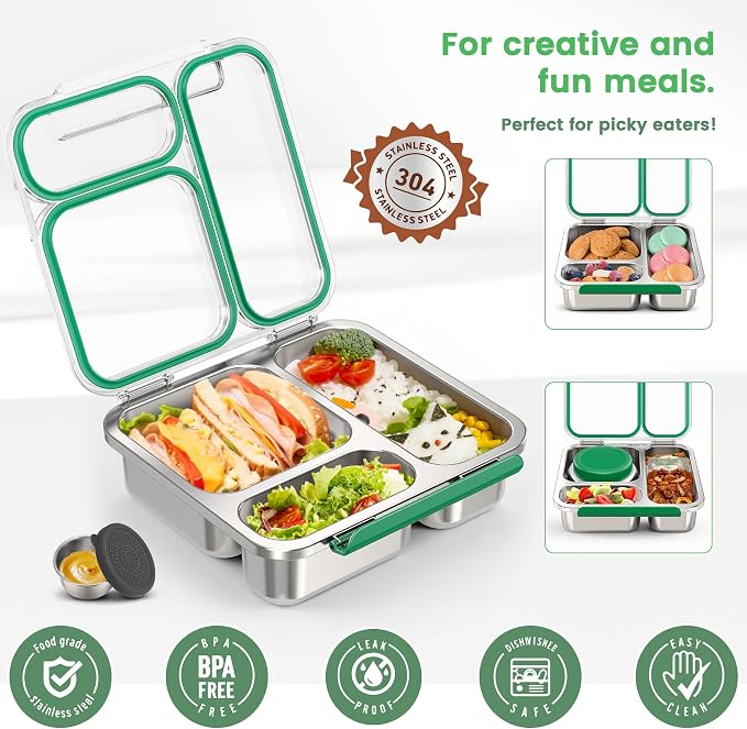 Stainless Steel Bento Box Kids Adult with 7oz Soup Thermo, Transparent Lid 3 Compartments Metal Bento Lunch Box with Insulated Food Jar,Lunch Box Container Sauce Cup for School,BPA-Free (Green)