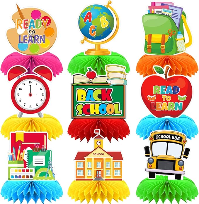 Back to School Table Decorations - 9 Pcs Welcome Back to School centerpieces for tables Bus Stationery Chalkboard Honeycomb Centerpiece Table Toppers for Teachers Students Classroom Supplies