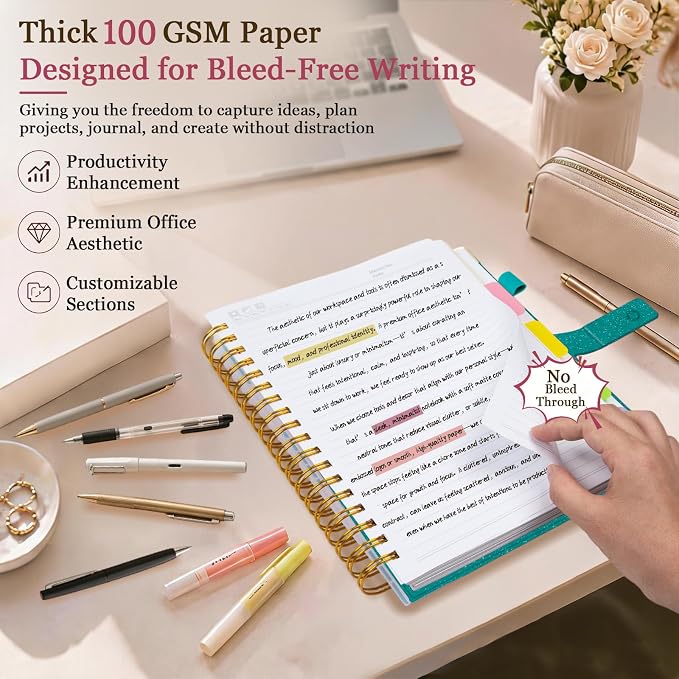 Spiral Notebook Journal 8''x 10'' 5 Subject Notebook with Dividers, 300 Pages Notebook College Ruled with Magnetic Closure, B5 Tabbed Notebooks for Work School, Sparkle Journal for Women (Cyan)