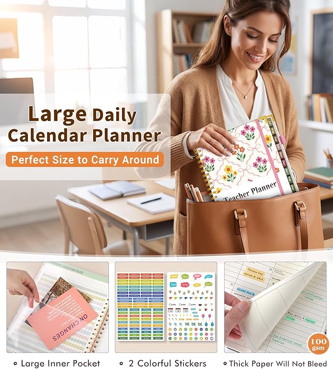 Teacher Planner 2026-2027, July 2026 - June 2027, Academic Weekly & Monthly Calendar Planner with Tabs, 8.5" x 11" A4 Teacher Lesson Plan Book with 7 Periods, Daily Agenda School Organizer for Teacher Student Homeschool, Bowknot Flowers