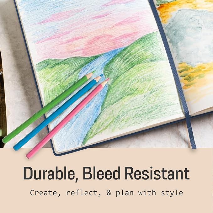 BROWNSTONE JOURNALS A5 Sketch Book Hardcover - 80 Sheets 100 GSM Paper 5"x8", Lay Flat, Vegan Leather Cover, Elastic Band, Back Pocket, Art Drawing Book (Symphony Blue)