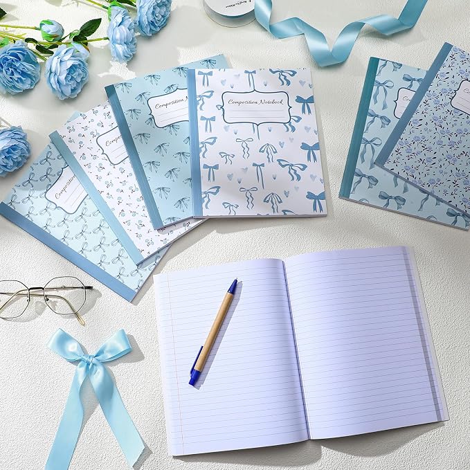 Fullhawl 6 Pack Composition Notebook College Ruled Bulk Blue Bow Composition Notebook Preppy Aesthetic for Back to School Supplies 110 Pages 9-3/4 x 7-1/2" Cute Journal for First Day of School Office