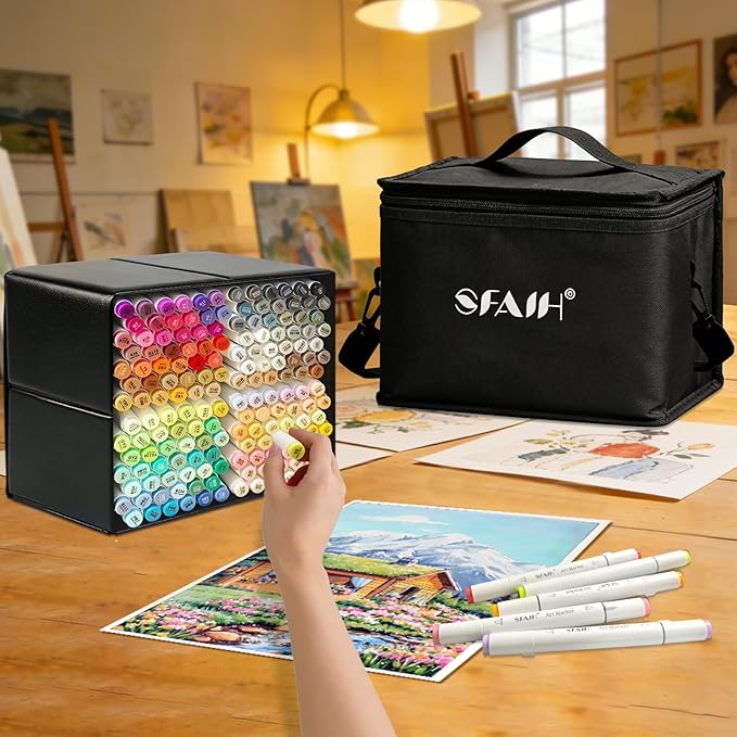 SFAIH 168 Alcohol Markers Set with Leather Marker Organizer- Dual Tip Brush and Chisel Permanent Pens for Adult Coloring, Anime Drawing, Illustration, with Premium Carrying Case & Adjustable Strap