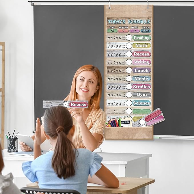 Pasimy Daily Schedule Pocket Chart with 31 Reusable Cards and 14 Pockets Classroom Decor Farmhouse Schedule Charts for School Office Home Educational Activity (Burlap)