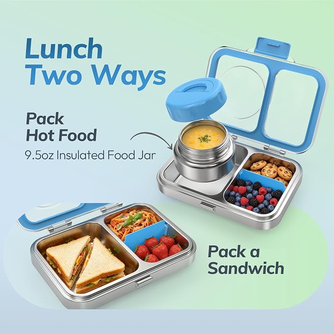 HOMEKOL Stainless Steel Bento Lunch Box + 9.5oz Insulated Food Jar, Blue | 2-Compartment Leak-Proof Container for Kids & Adults, BPA/BPS-Free, 18/8 Metal, Dishwasher Safe, Clear Tritan Lid