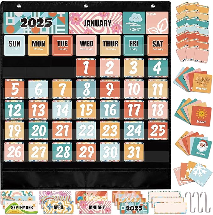 Classroom Calendar Pocket Chart – Boho Retro Groovy Bulletin Board Set with 103 Cards for Preschool, School Schedule, Teacher Must Haves, Kids Class Decor, Back to School