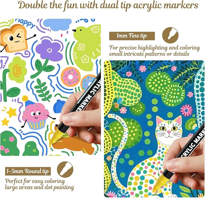 Nauets 24 Colors Dual Tip Acrylic Paint Markers, Premium Dot&Fine Tip Coloring Paint Pens for Rock, Wood, Fabric, Canvas, Glass, Paper, Ceramic, Scrapbook, Egg, DIY Crafts Supplies - Mothers Day Gifts