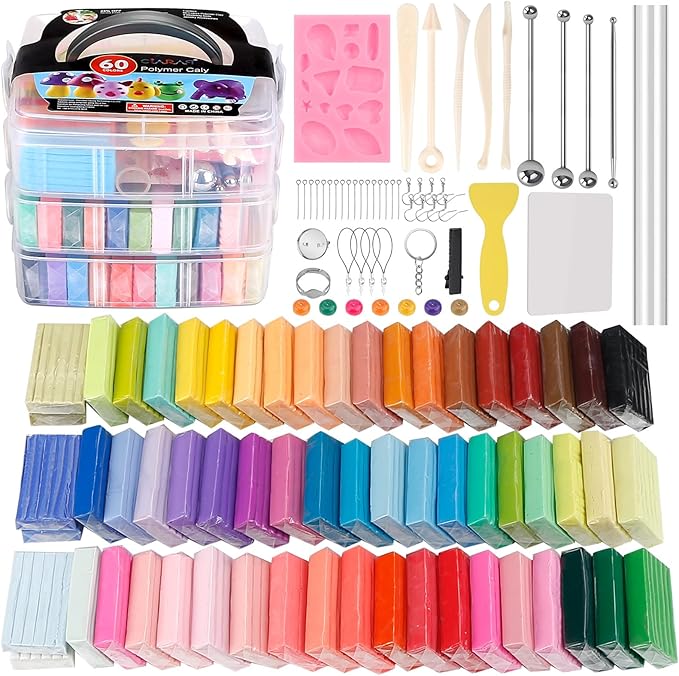CiaraQ Polymer Clay 60 Colors Starter Kit - Oven Bake Modeling Clay for Kids & Artists, Non-Sticky DIY Clay with Sculpting Tools, Fun Gift for Children Ages 4+, 4.7 lb