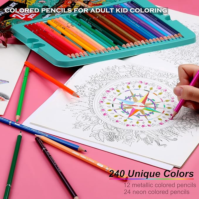 KALOUR Professional Colored Pencils,Set of 240 Colors,Artists Soft Core with Vibrant Color,Ideal for Drawing Sketching Shading,Coloring Pencils for Adults Artists Beginners