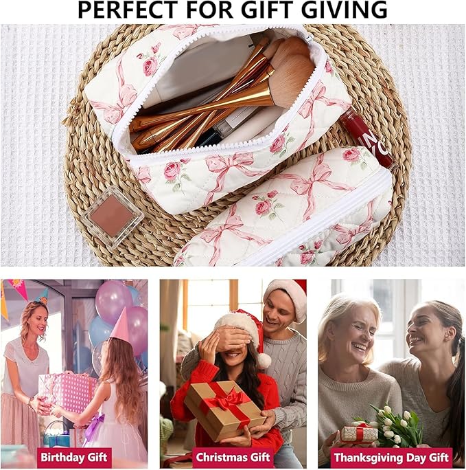 URSKYTOUS 2Pcs Cotton Quilted Makeup Bag for Women Girls Coquette Cosmetic Bag Cute Zipper Pink Bow Pencil Pouch Aesthetic Portable Travel Toiletry Bag Trendy Essentials Skincare Makeup Brush Pouch