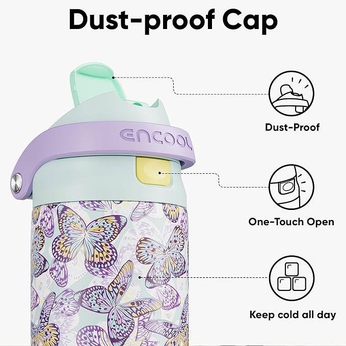 ENCOOL Leakproof Insulated Water Bottle with Straw Dual-Sip Water Bottle Bag-Safe Design for Work, Commute & Gym – Keeps Drinks Cold All Day, 32 oz, Mosaic Butterfly