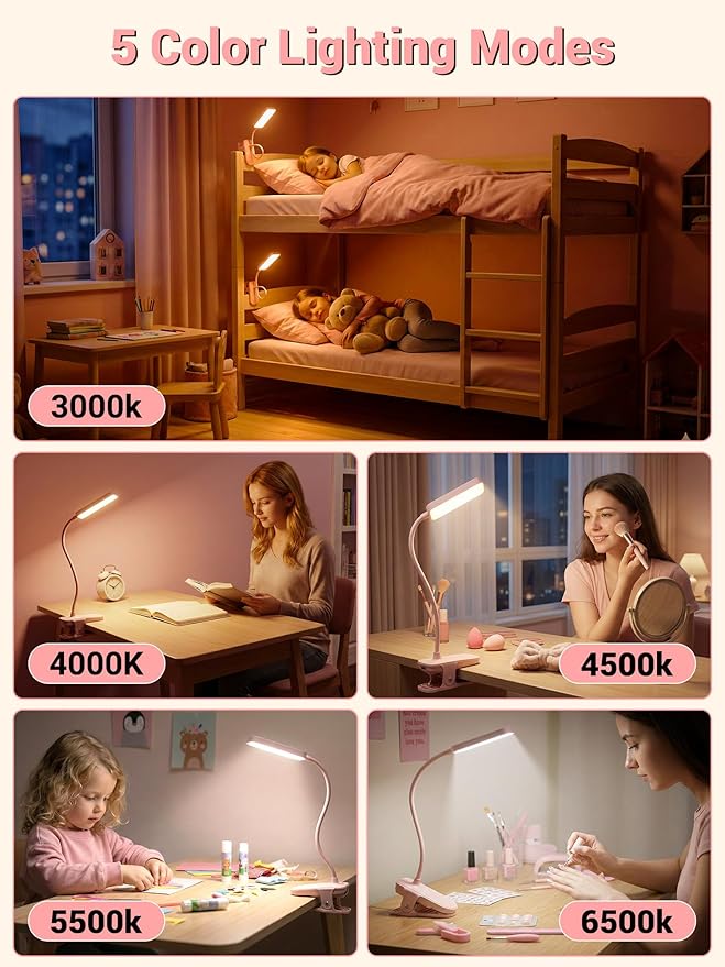 Pink Desk Lamp for Girls Bedroom,9 Brightness+5 Color Clip on Light,4000mAh Battery Rechargeable Desk Lamp Cute Lamp for Kids Room,Cordless Clip on Reading Light for Bed/Headboard/Bedside Table/Dorm