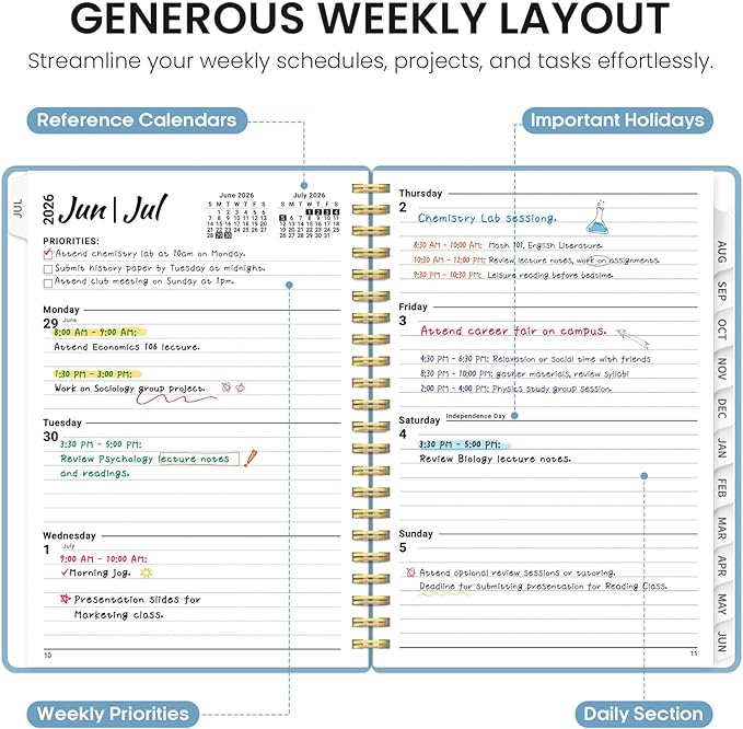 Planner 2026-2027, 6.3" x 8.5" Weekly and Monthly Academic Year Planner Calendar, July 2026 - June 2027, Hardcover Large School Planning Agenda With Tabs, Perfect for School & Office Supplies, A5, Baby Blue