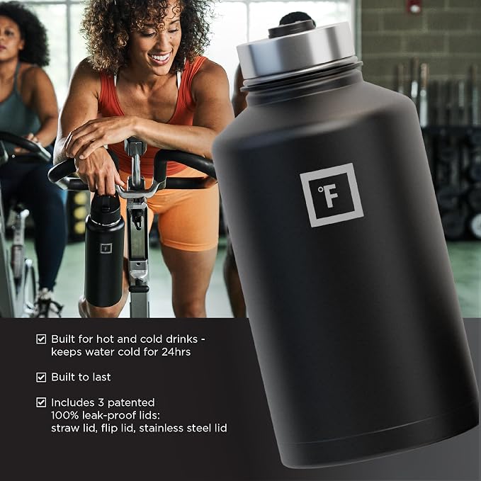 IRON °FLASK 64 oz Wide Mouth Water Bottle with Straw | Insulated Half Gallon Water Bottle with Leakproof Straw Lid - BPA Free, Cold 24 Hrs, Sweat Free (Midnight Black)