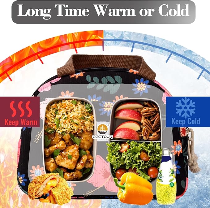 CaCTOUR Large Lunch Box for Women, Cute Lunch Box Cooler Bag, Portable Insulated LunchBox Reusable Corduroy Lunch Tote for Work/Travel/Picnic (Flower)