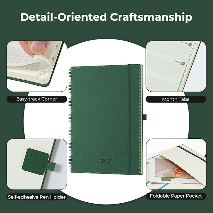 Planner 2026-2027 Daily Weekly and Monthly,11.5"x8.5",18 Months Spiral Bound Calendar Agenda with Self-adhesive Pen Holder,2026 Academic Plan with Vegan Leather Soft Cover,Green