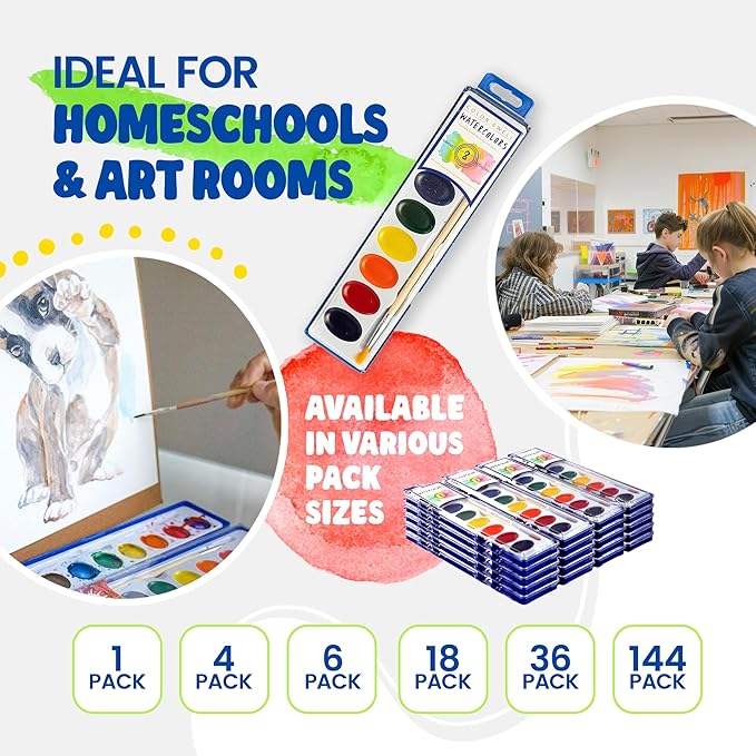 Color Swell Washable Watercolor Paint Set - 18 Pack, 8 Colors, with Wood Brush - Classroom Art Supplies for Kids
