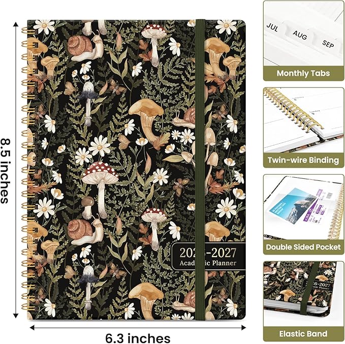 Planner 2026-2027, Academic Monthly and Weekly Calendar Planner for Women, July 2026 - June 2027, Hardcover Pretty Agenda Planner Book with Tabs, Spiral Daily Organizer for School Office Home Supplies, 6.3" x 8.5" - Mushroom