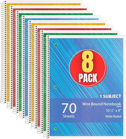1InTheOffice Spiral Notebook College Ruled 10.5 x 7.5, 1-Subject College Ruled Notebooks, Wirebound Spiral Notebooks, 3-Hole Punched, 70 Sheets, Assorted Colors, 8 Pack