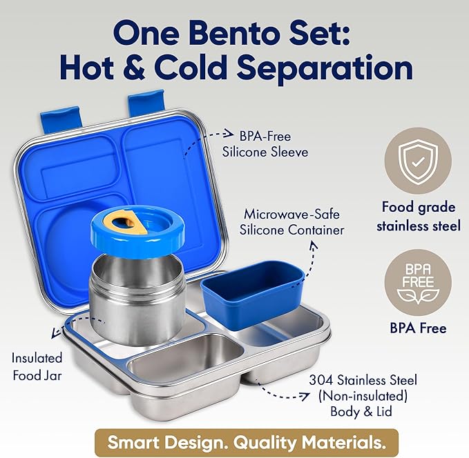 Stainless Steel Bento Lunch Box with 8 oz Insulated Food Jar – 54 oz – Leak-Resistant 3-Compartment Kids & Adult Metal Meal Container with Silicone Container and Thermo for Work & School, BPA-Free