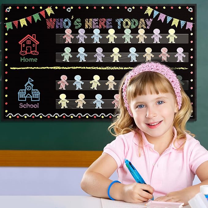 Jetec Chalkboard Classroom Attendance Chart Helping Hands Pocket Chart with 54 People Cards, Kid's Daily Schedule, Preschool Organization Management for Teachers