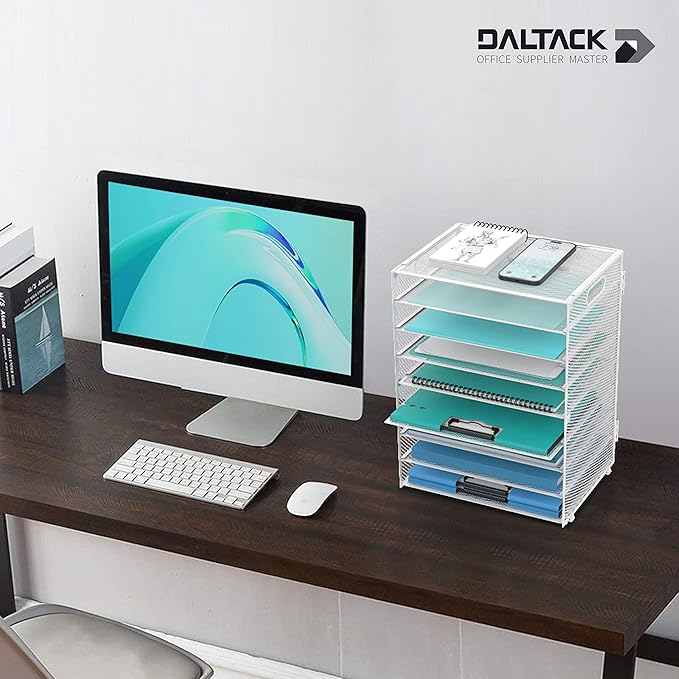 DALTACK 9-Tier Paper Organizer for Desk, Mesh Letter Tray Desk Organizer with Handles, Space-Saving File Organizer for Office Home School, White 2 Pack